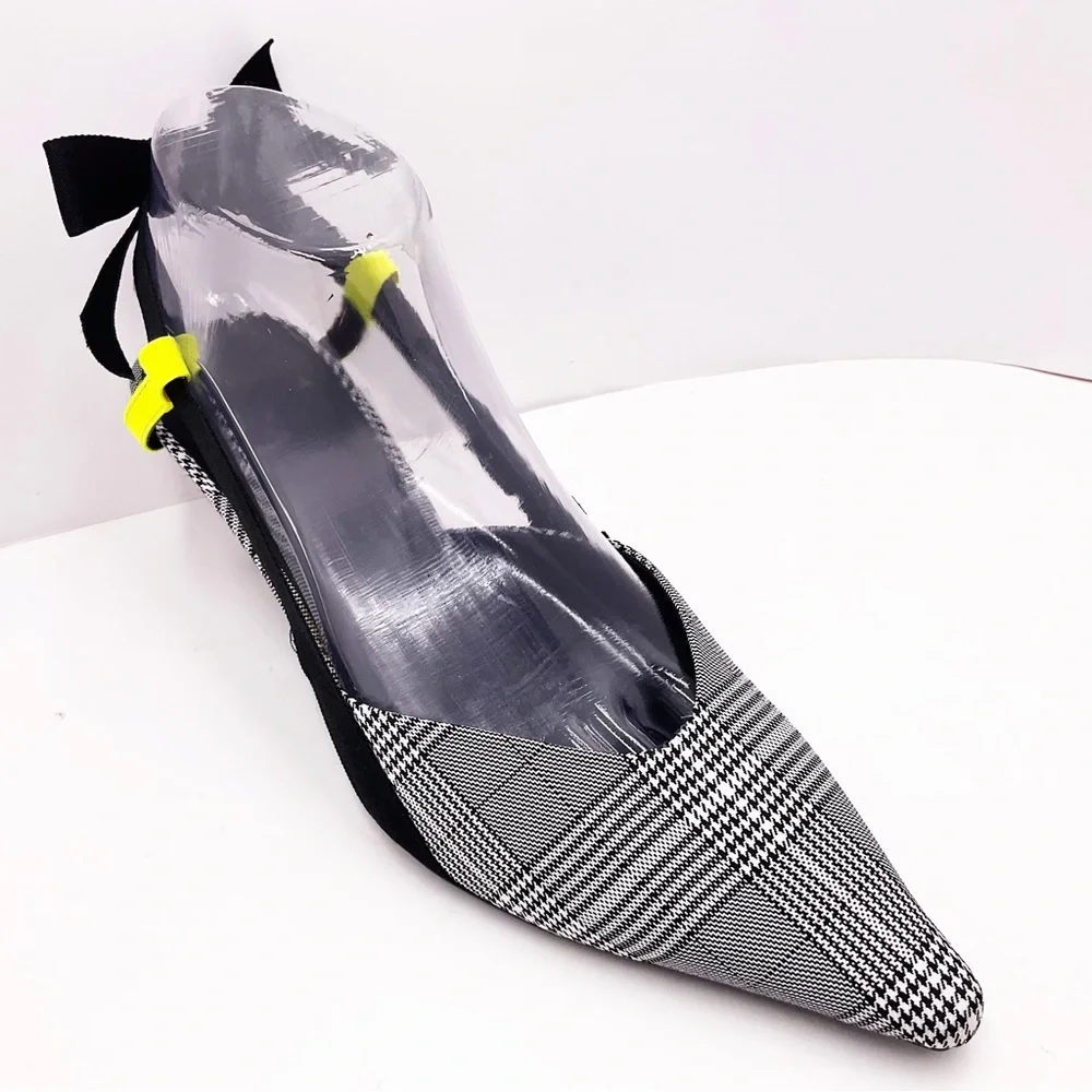 {Zara} Gray Plaid Slingback Bow Kitten Heels - Picture 1 of 16